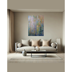 Echanges - Peinture à l'huile au couteau - Paysage nature abstrait - Corinne Foucouin - Tableau mis en situation dans un salon