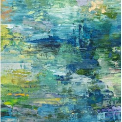 L'Etang d'une nuit d'été - Peinture à l'huile au couteau - Paysage nocturne reflet eau - Corinne Foucouin - Détails