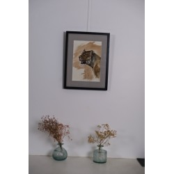 Lionne en chasse - Peinture animalière aquarelle - Laurence Viarnaud - Oeuvre encadrée