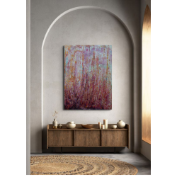 Pink 2 - Peinture à l'huile au couteau - Abstraction florale rose - Corinne Foucouin - Mise en scène dans une entrée