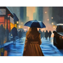 Eric Turlot – La femme au parapluie bleu, peinture urbaine poétique à l’huile