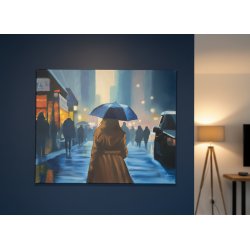 Eric Turlot – La femme au parapluie bleu, peinture urbaine poétique à l’huile