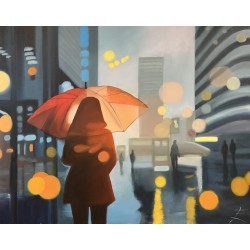 Résolument orange - Peinture à l'huile - Personnage féminin manteau orange rue - Eric Turlot - Galerie FenêtreSurArtistes