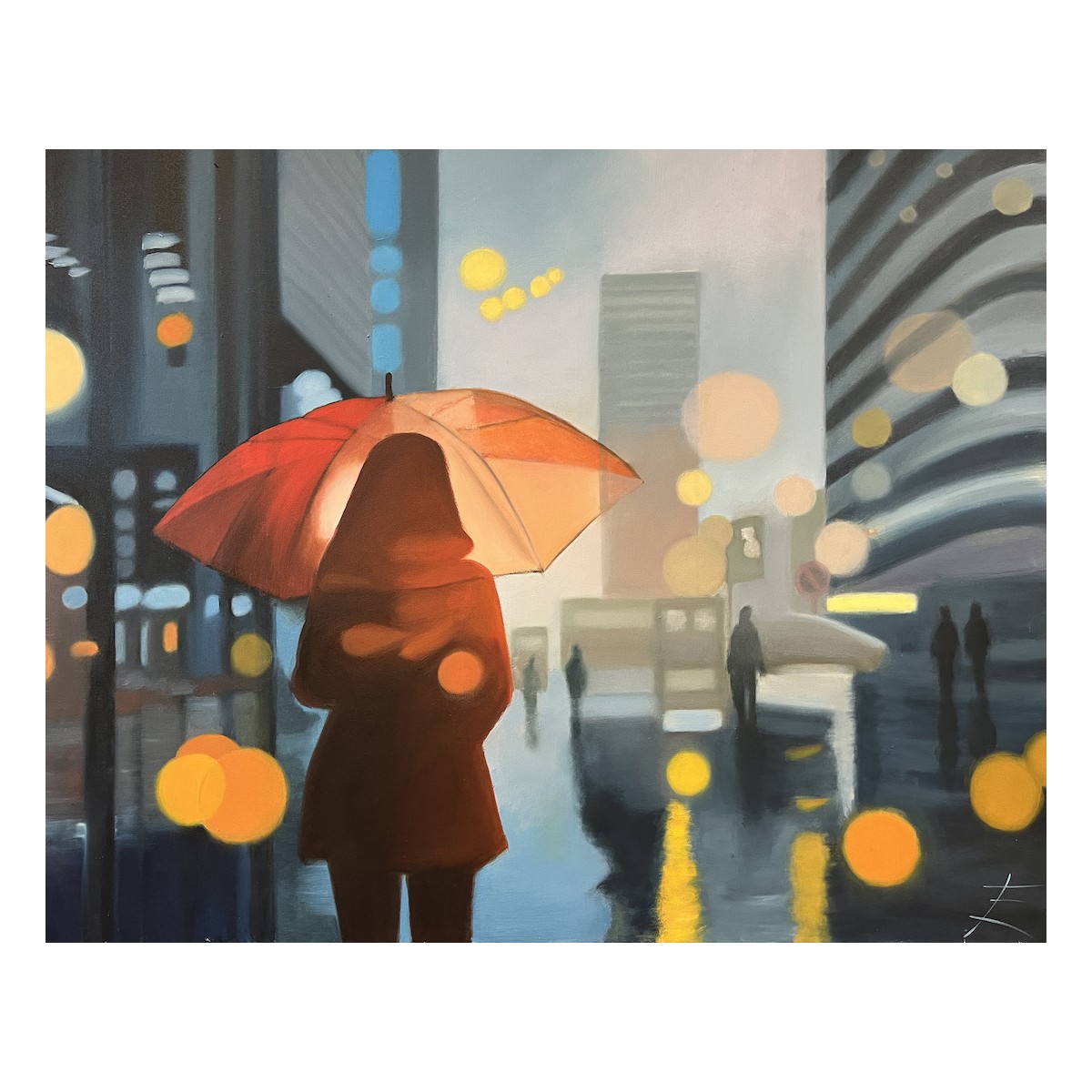 Résolument orange - Peinture à l'huile - Personnage féminin manteau orange rue - Eric Turlot - Galerie FenêtreSurArtistes