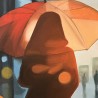 Résolument orange - Peinture à l'huile - Personnage féminin manteau orange rue - Eric Turlot - Details parapluie