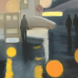 Résolument orange - Peinture à l'huile - Personnage féminin manteau orange rue - Eric Turlot - Détails lumières