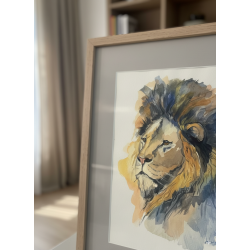 Lion bleu - Peinture animalière aquarelle bleue - Laurence Viarnaud - Mis ene situation sur table