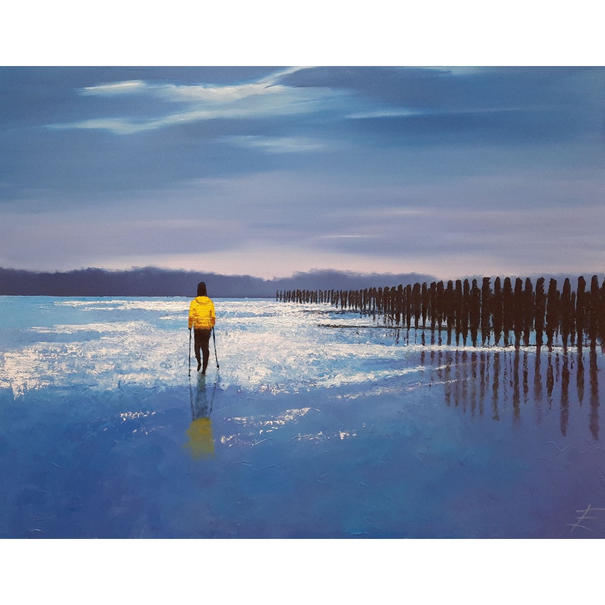 A l'écart de la foule - Peinture à l'huile - Scène au bord de l'eau solitude personnage - Eric Turlot -