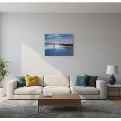 A l'écart de la foule - Peinture à l'huile - Scène au bord de l'eau solitude personnage - Eric Turlot - dans un salon lumineux