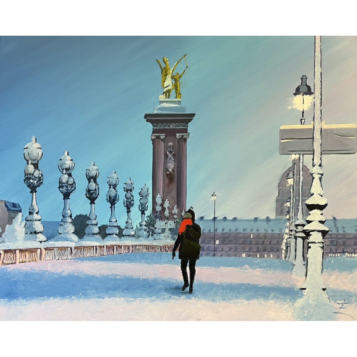 Une écharpe rouge - Peinture à l'huile - Personnage féminin écharpe rouge rue - Eric Turlot - Galerie FenêtreSurArtistes
