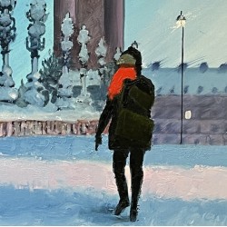 Une écharpe rouge - Peinture à l'huile - Personnage féminin écharpe rouge rue - Eric Turlot - Details