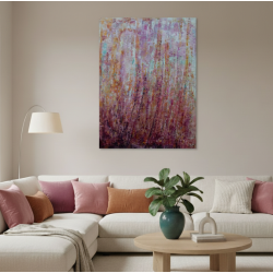 Pink 2 - Peinture à l'huile au couteau - Abstraction florale rose - Corinne Foucouin - Mise en scène dans un salon clair