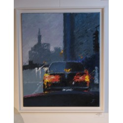 Rainy Morning - Peinture à l'huile - Scène de rue matinale sous la pluie - Eric Turlot - Oeuvre encadrée
